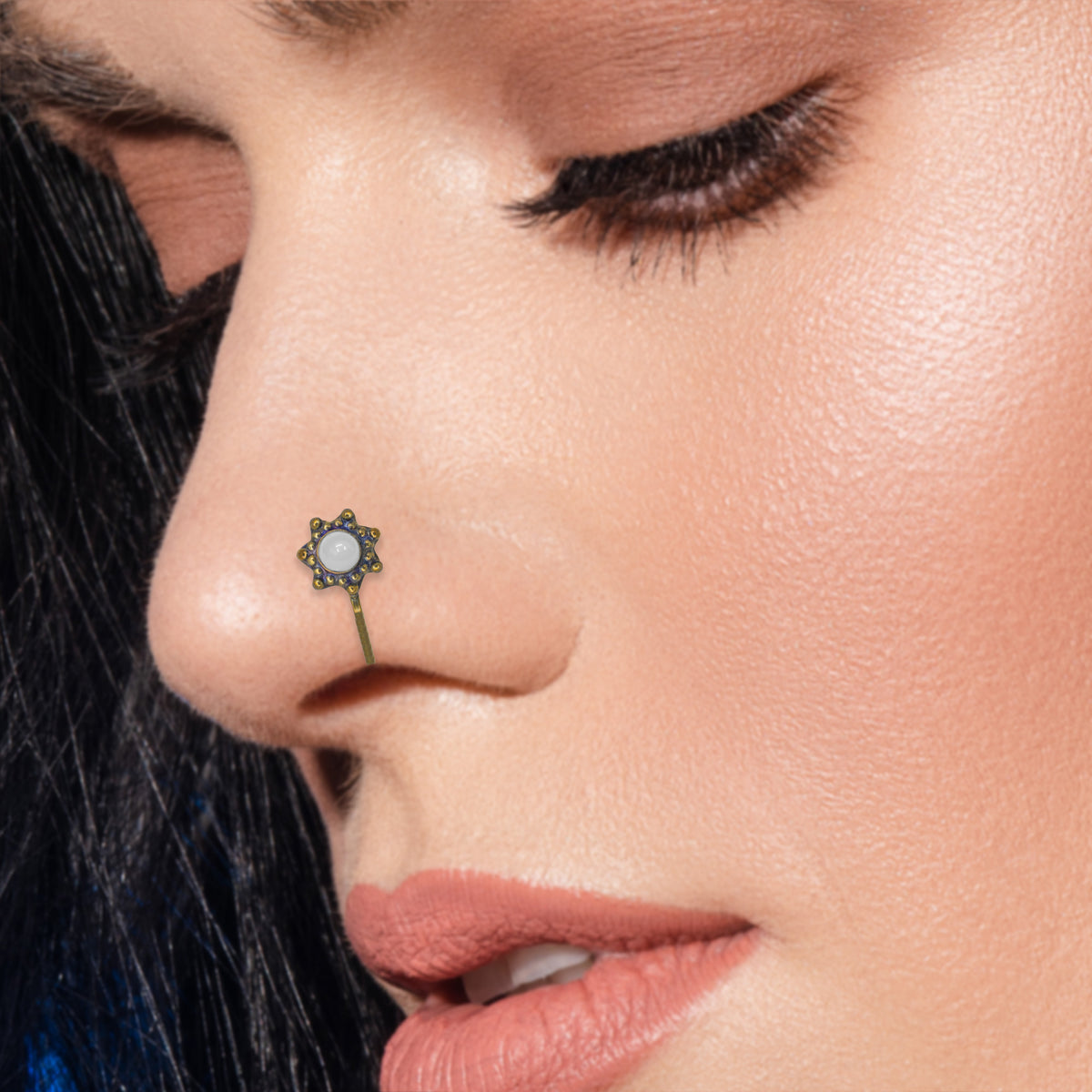 Abhinn Trendy Golden Oxidised Star Design White Stone Non-Pierced Nose Pin For Women