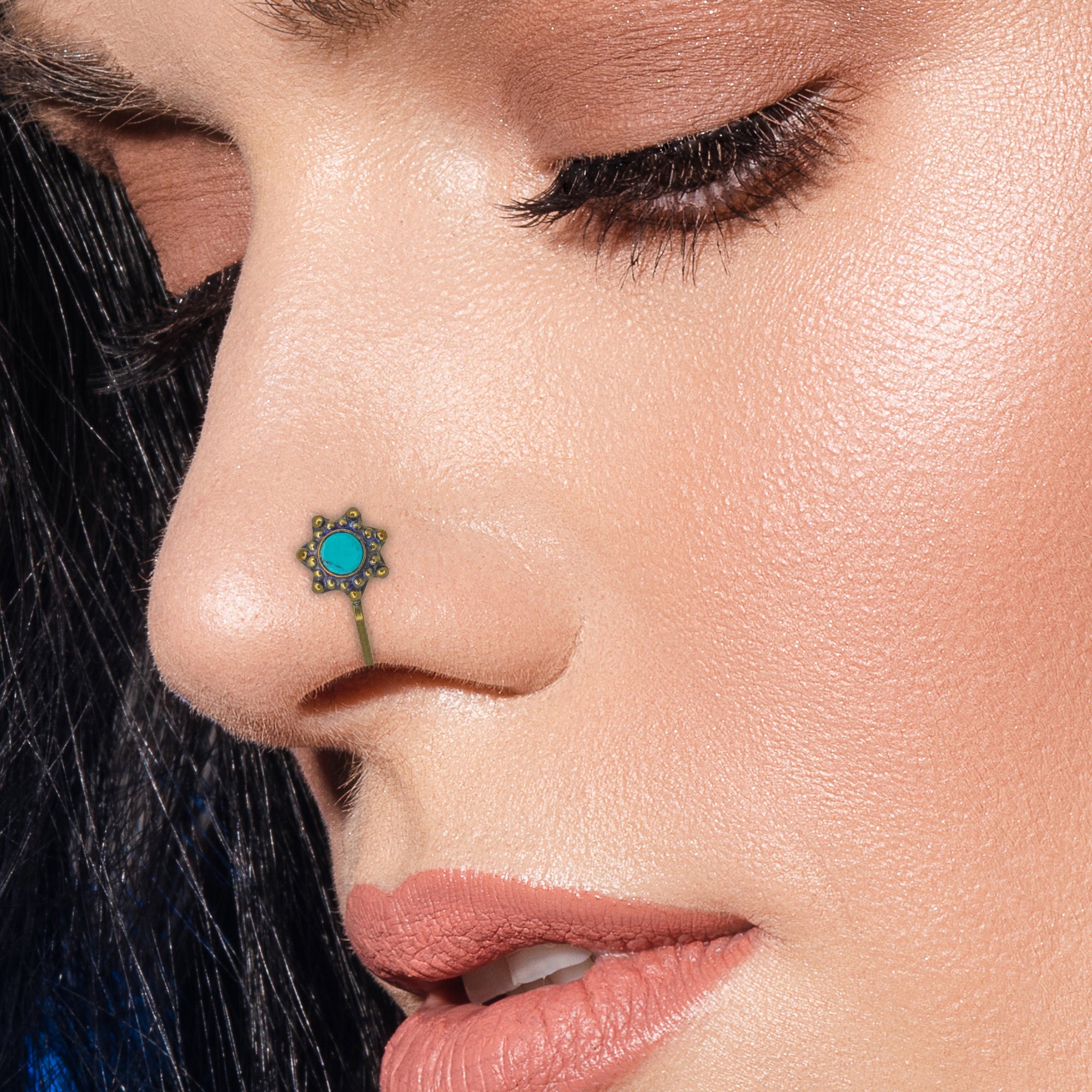 Abhinn Trendy Golden Oxidised Star Design Sky Blue Stone Non-Pierced Nose Pin For Women
