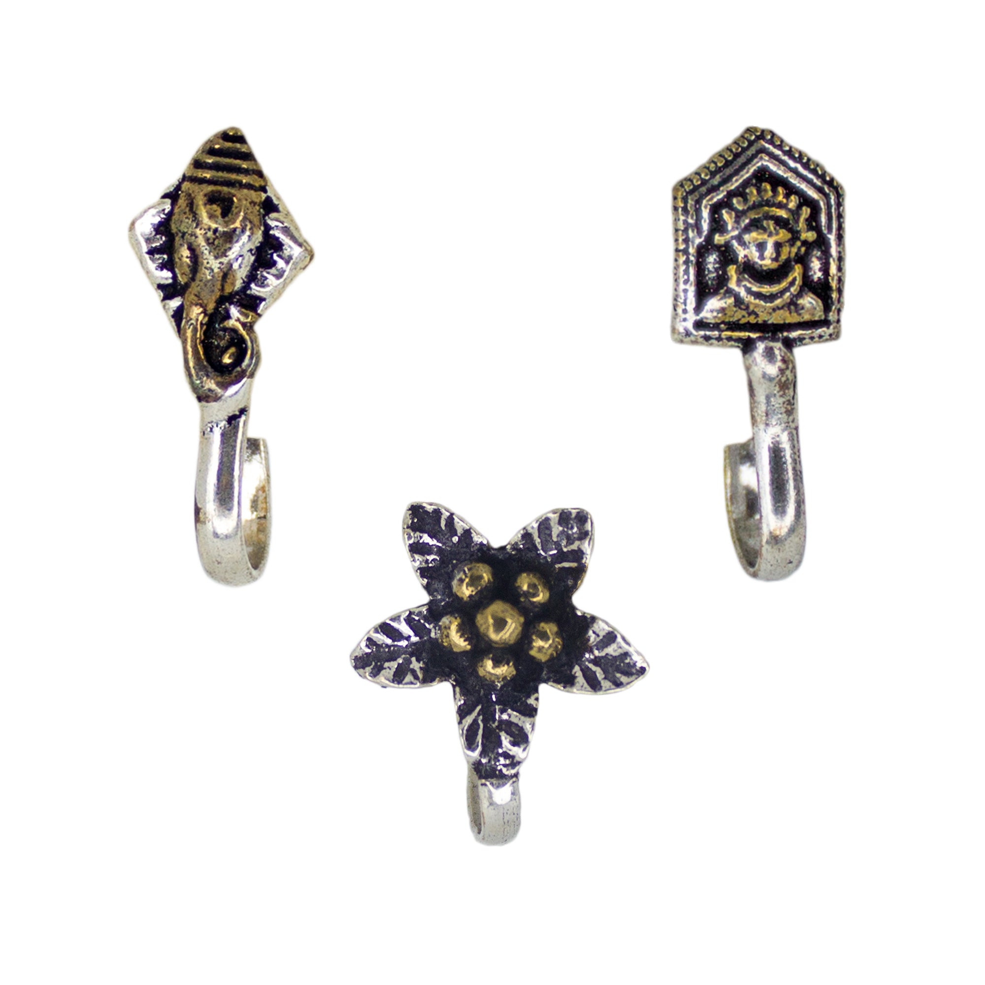 Abhinn Combo of 3 Oxidised Dual Tone Temple-Floral Design Non-Pierced Nose Pin For Women
