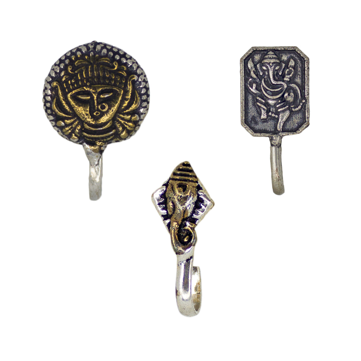 Abhinn Combo of 3 Oxidised Dual Tone Temple Design Non-Pierced Nose Pin For Women
