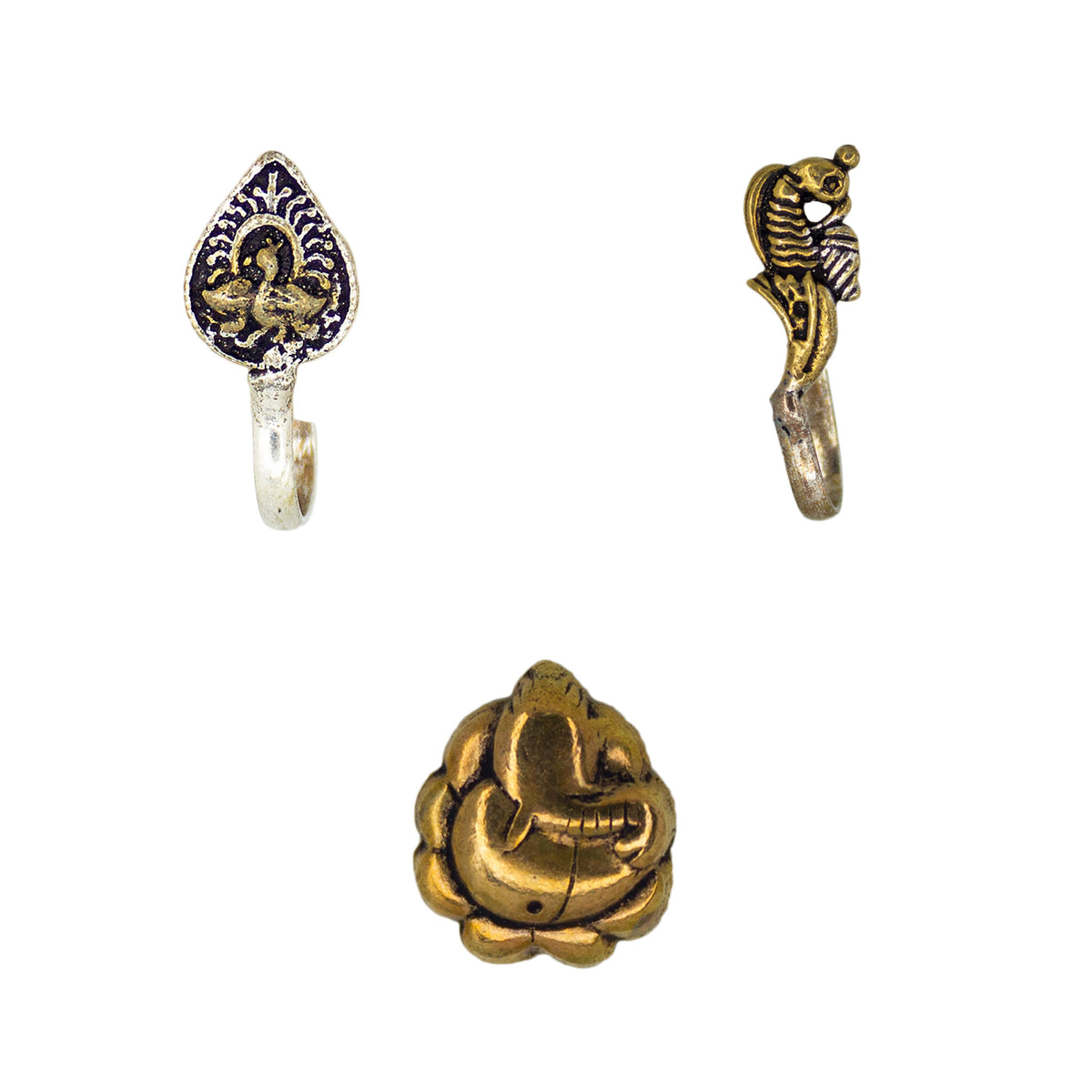 Abhinn Combo of 3 Dual Tone Oxidised Ganesha-Peacock Design Non-Pierced Nose Pin For Women