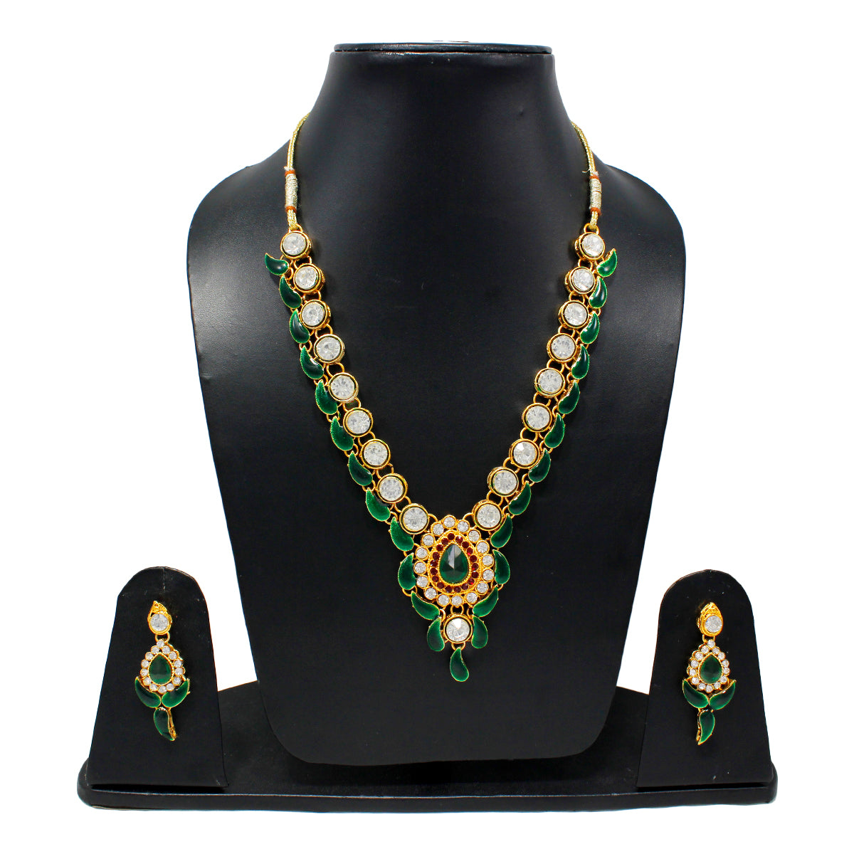 Royal Rani Har Design Necklace and Earrings with White Green Stones
