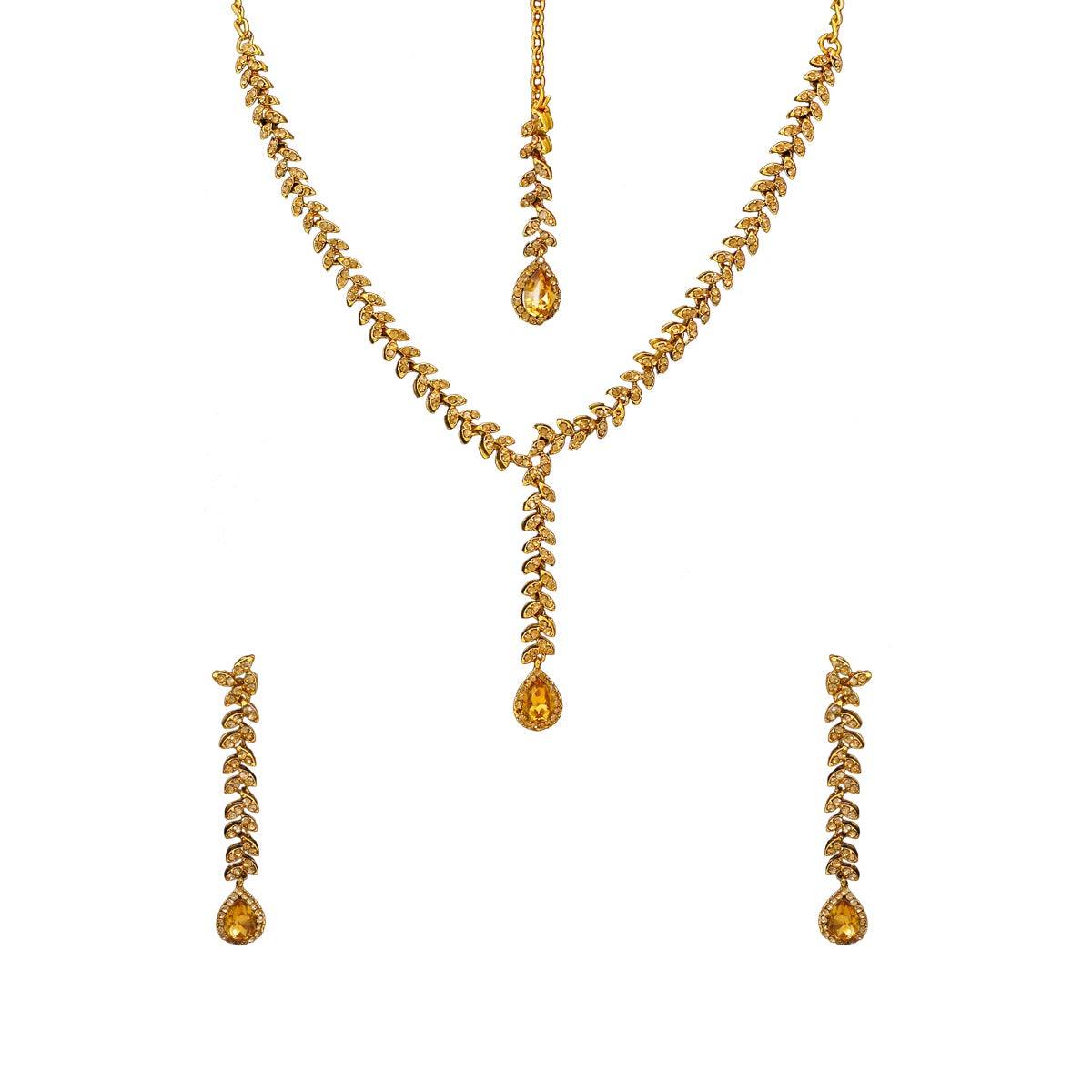 Latest Royal Leaf Design Necklace and Dangler Earrings with White Yellow Stones