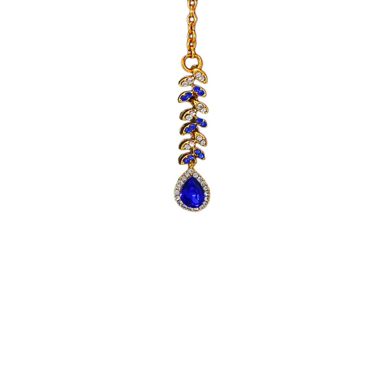 Royal Gold Plated Designer Kundan Stone  Leaf Design Necklace and  Dangler Earrings with White Blue Stones  with Mangtika