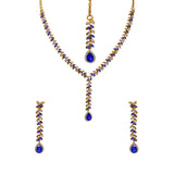 Royal Gold Plated Designer Kundan Stone  Leaf Design Necklace and  Dangler Earrings with White Blue Stones  with Mangtika