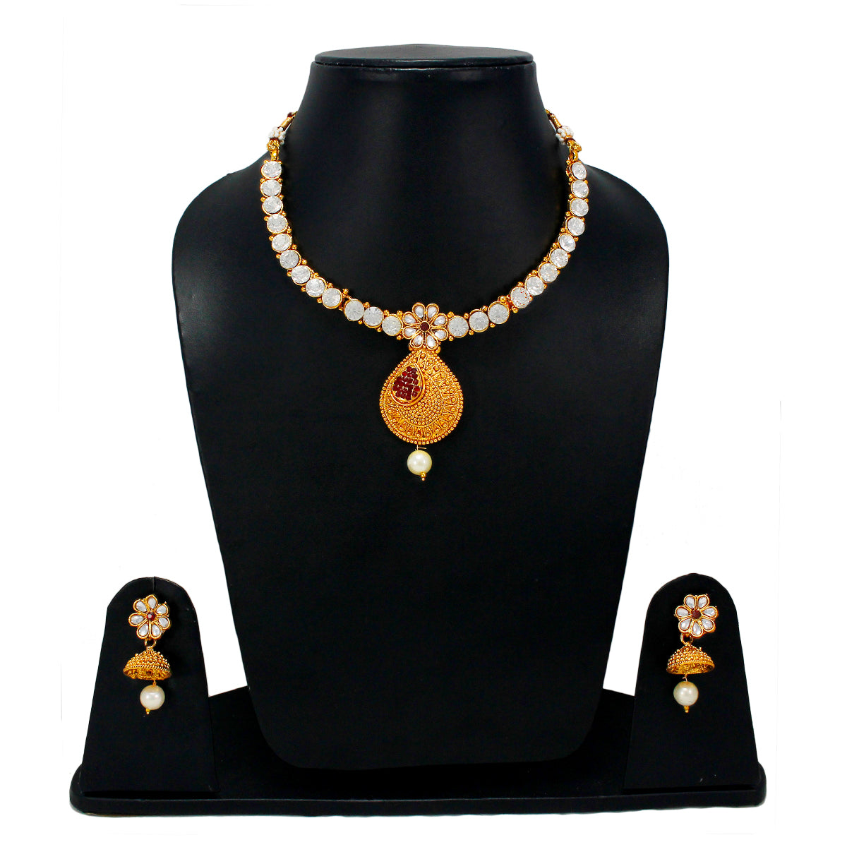 Abhinn Gold Plated Floral Rani Har Necklace Set With White And Red Kundan Stones For Women