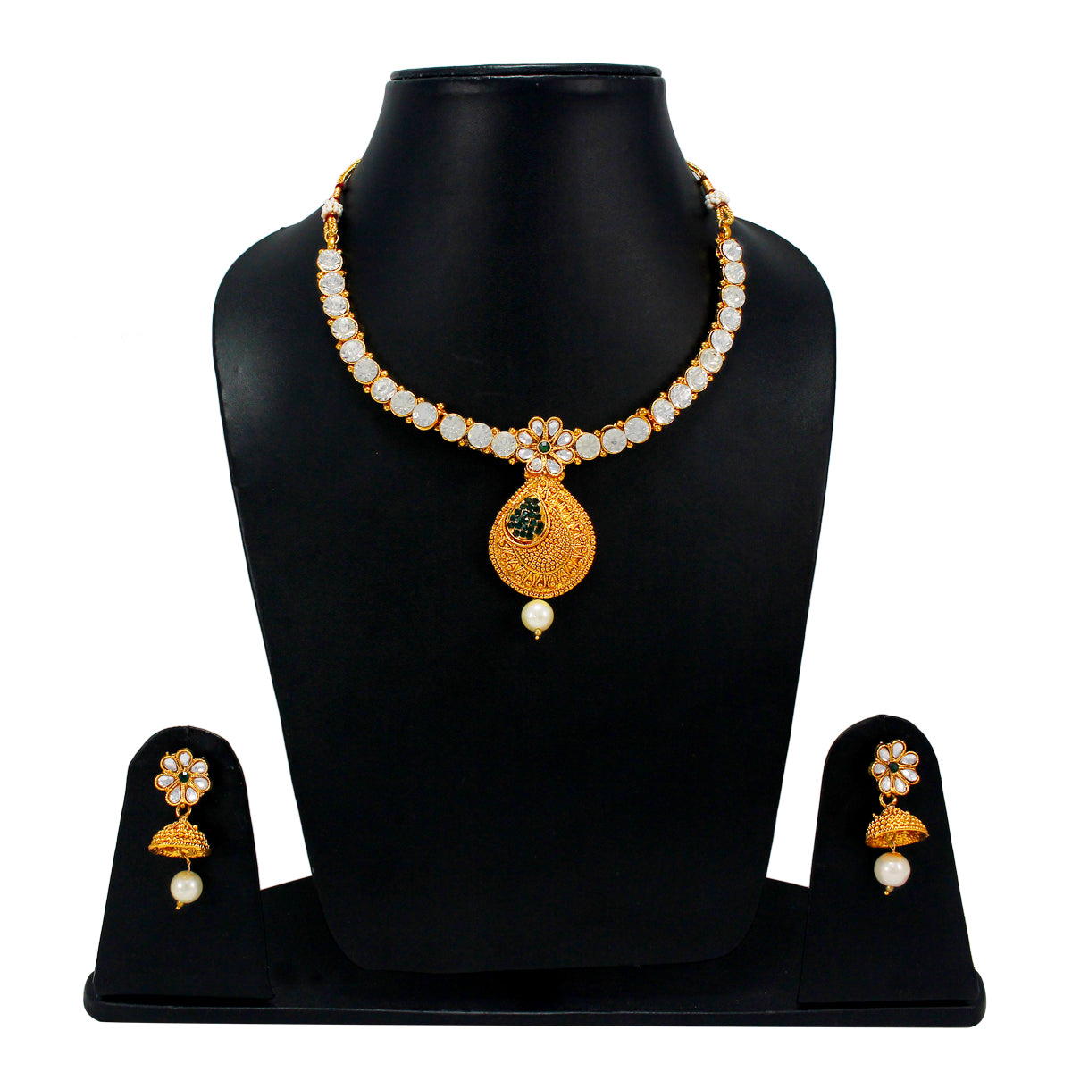 Royal Rani Har Design Necklace and Earrings with White Green Stones and Pearls