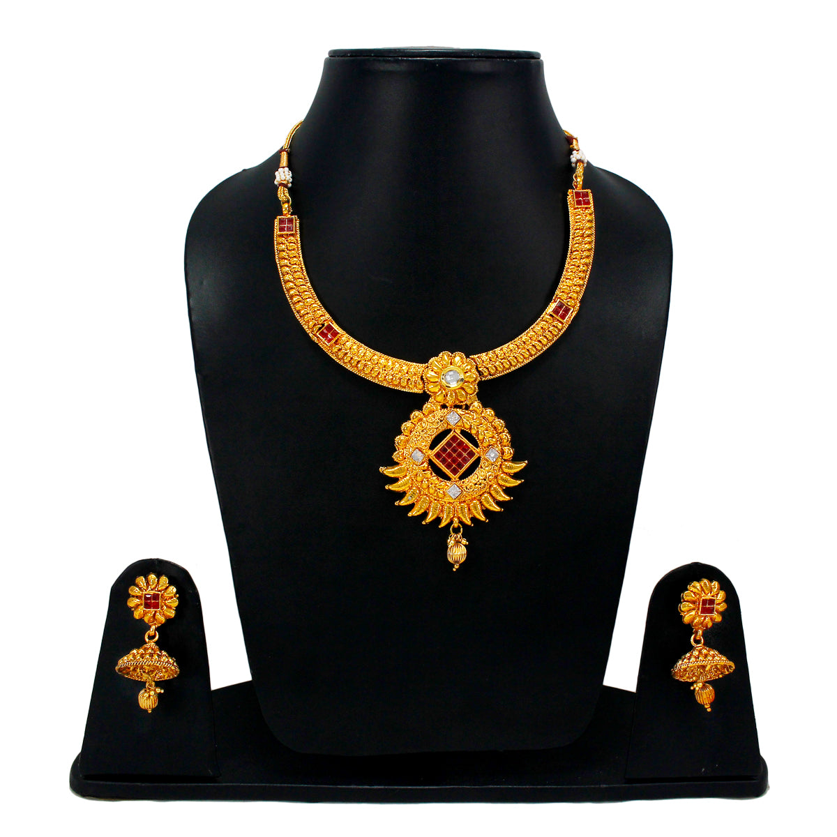 Abhinn Gold Plated Rani Har Floral Design Necklace Set With Red Crystal Stones For Women