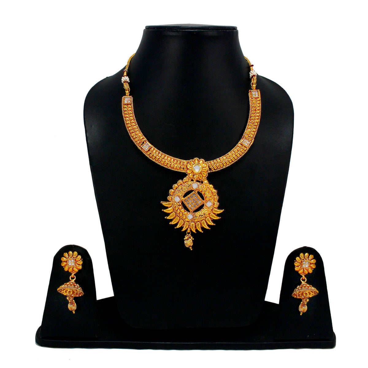 Royal Gold Plated Designer Kundan Stone Floral Rani Har Design Necklace and Earrings with White White Stones