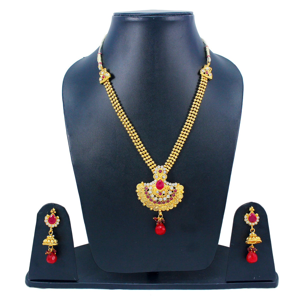 Royal Gold Plated Designer Kundan Stone Rani Har Design Necklace and  Jhumka Earrings with White  Red Stones and Pearl Chain
