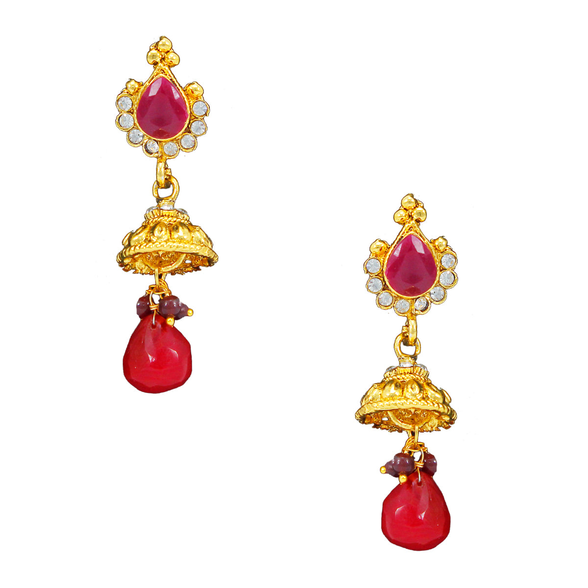 Royal Gold Plated Designer Kundan Stone Rani Har Design Necklace and  Jhumka Earrings with White  Red Stones and Pearl Chain