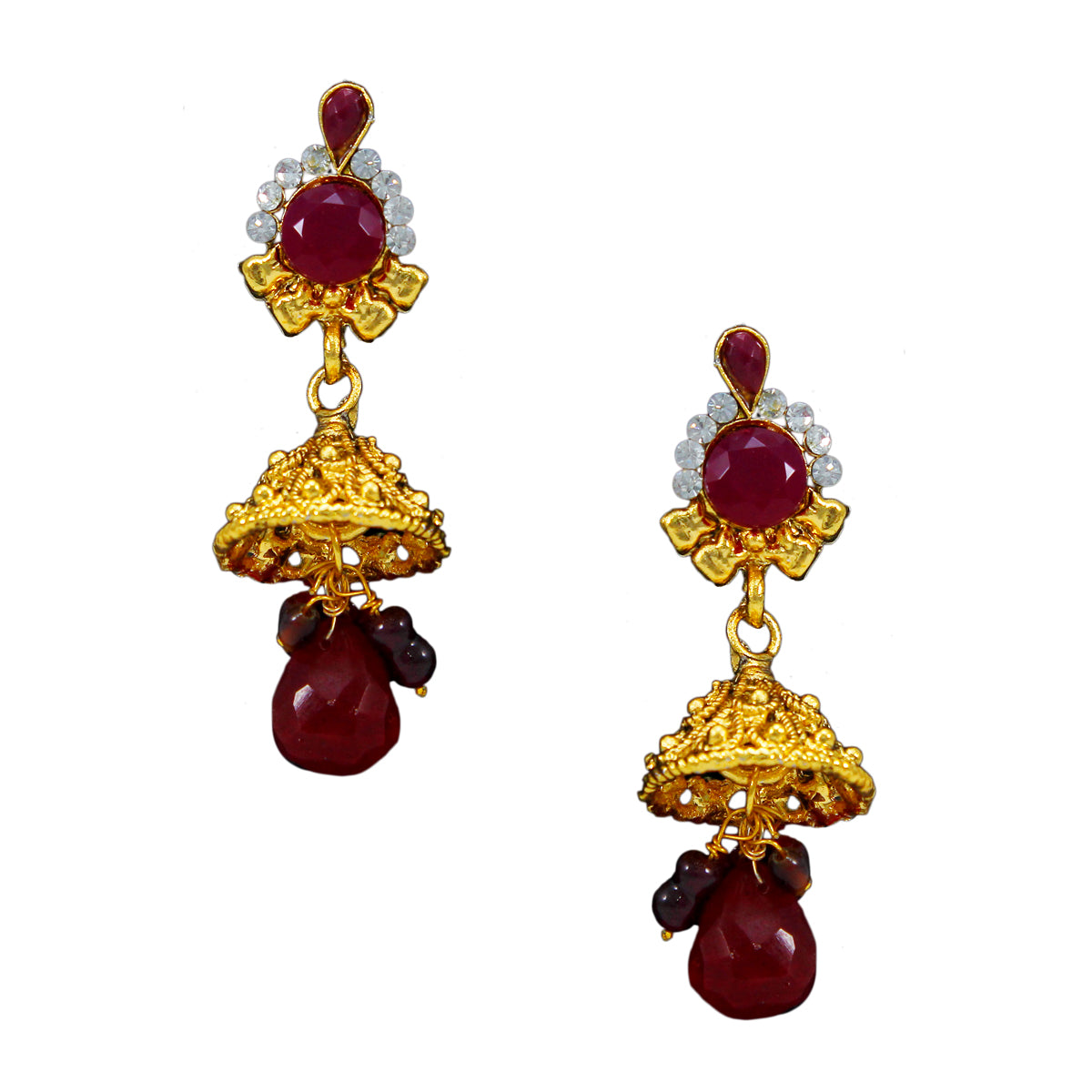 Royal Rani Har Design Necklace and Jhumka Earrings with White Red Stones and Pearl Chain
