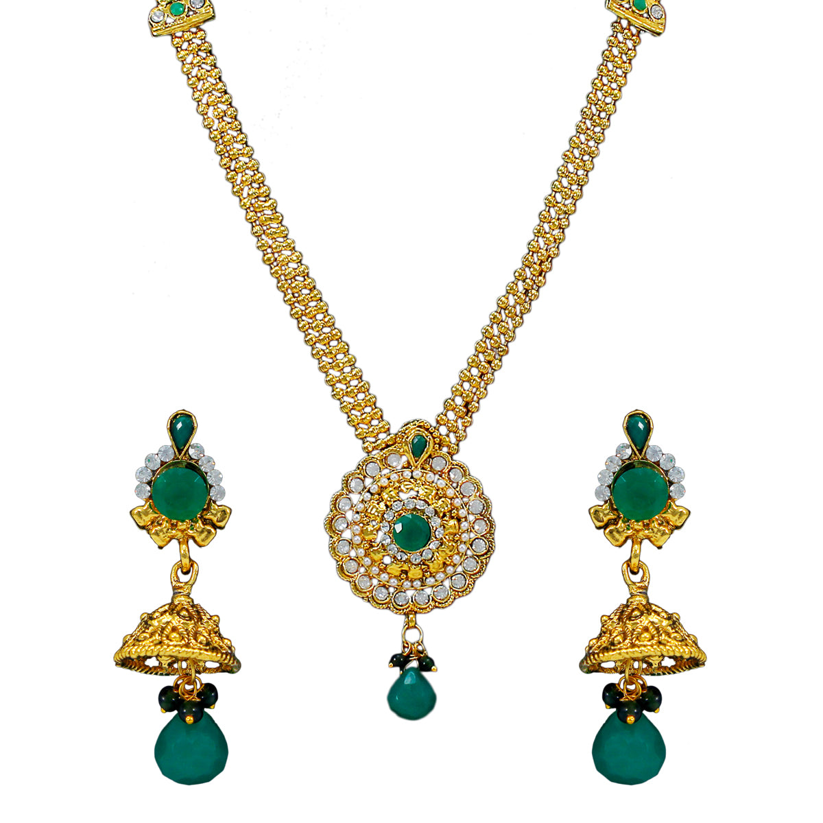 Royal Gold Plated Designer Kundan Stone Rani Har Design Necklace  and  Jhumka Earrings with White Green Stones and Pearl Chain