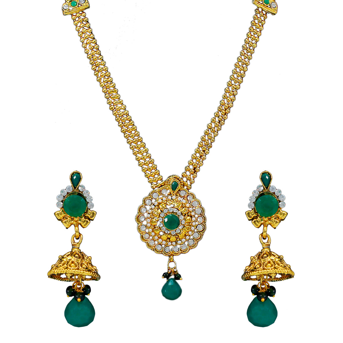 Royal Gold Plated Designer Kundan Stone Rani Har Design Necklace  and  Jhumka Earrings with White Green Stones and Pearl Chain