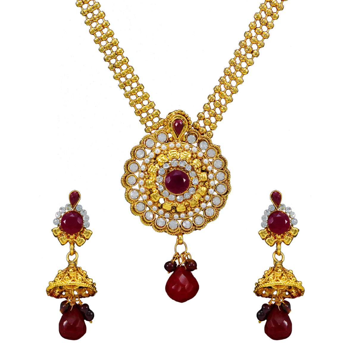 Royal Rani Har Design Necklace and Jhumka Earrings with White Red Stones and Pearl Chain