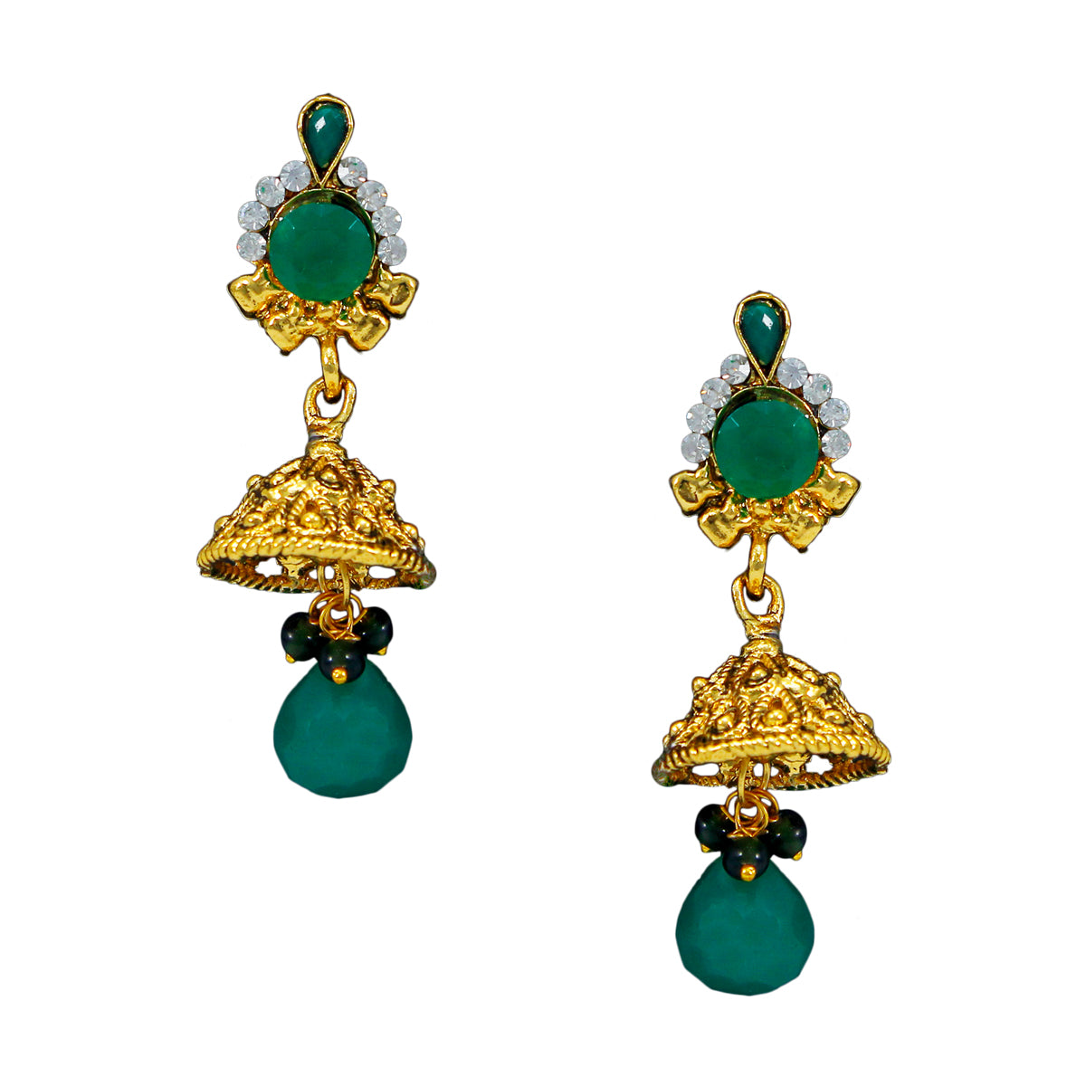 Royal Gold Plated Designer Kundan Stone Rani Har Design Necklace  and  Jhumka Earrings with White Green Stones and Pearl Chain