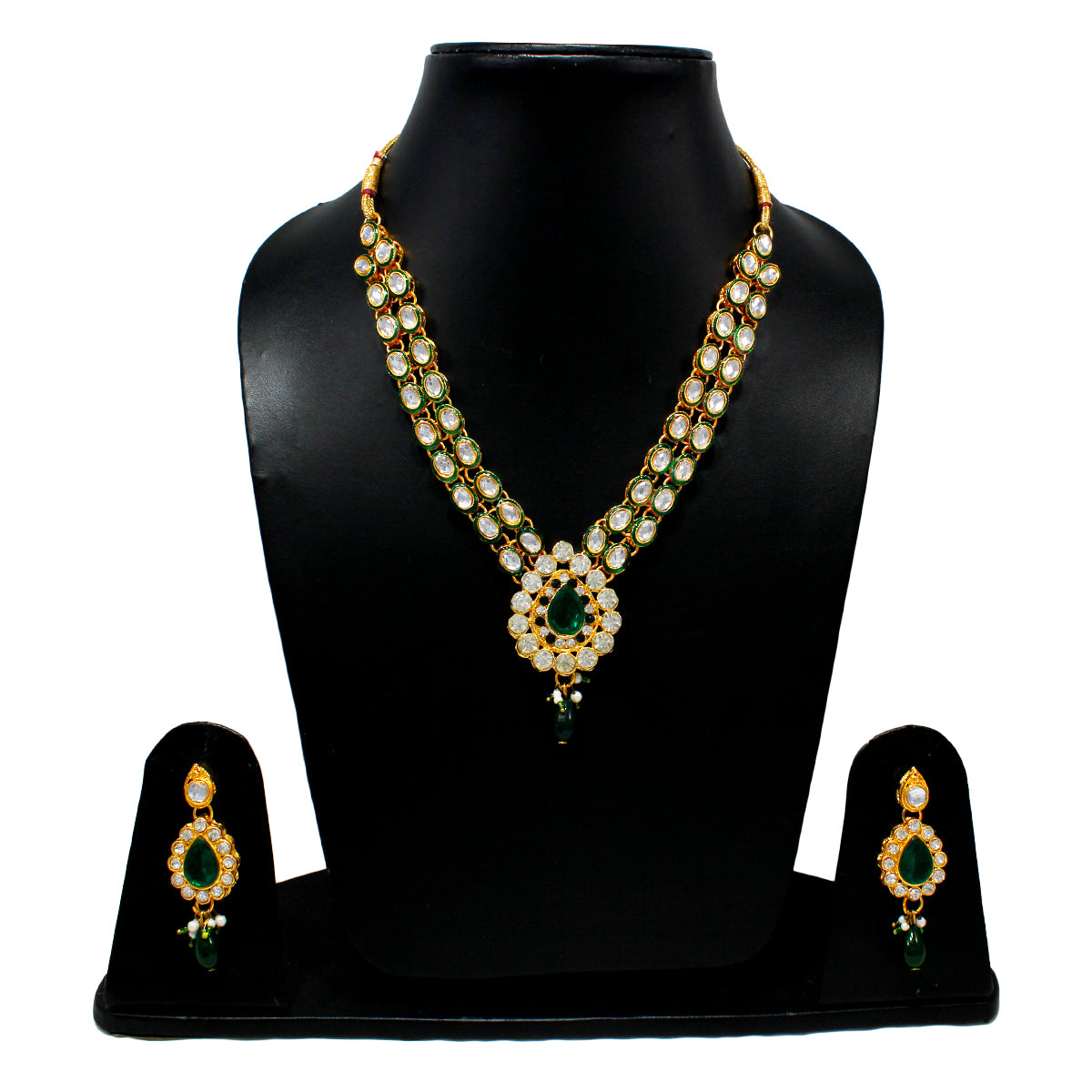 Royal Designer Leaf Necklace and Earrings with White Green Stones and Pearls
