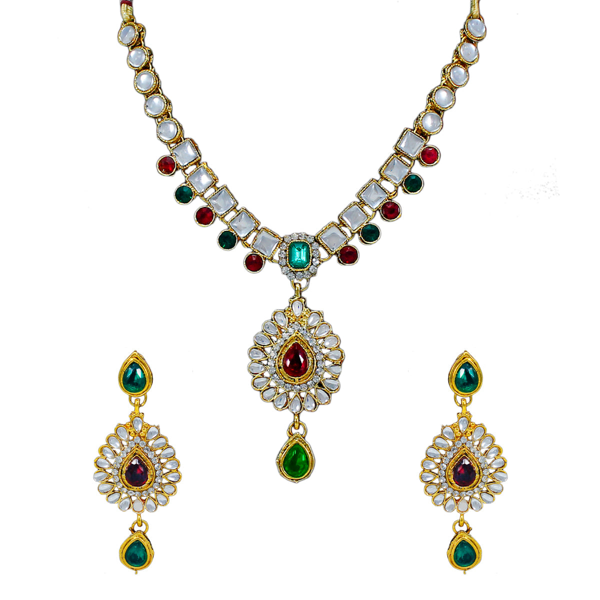 Royal Designer Leaf Design Necklace and Earrings with White Crystal Stones