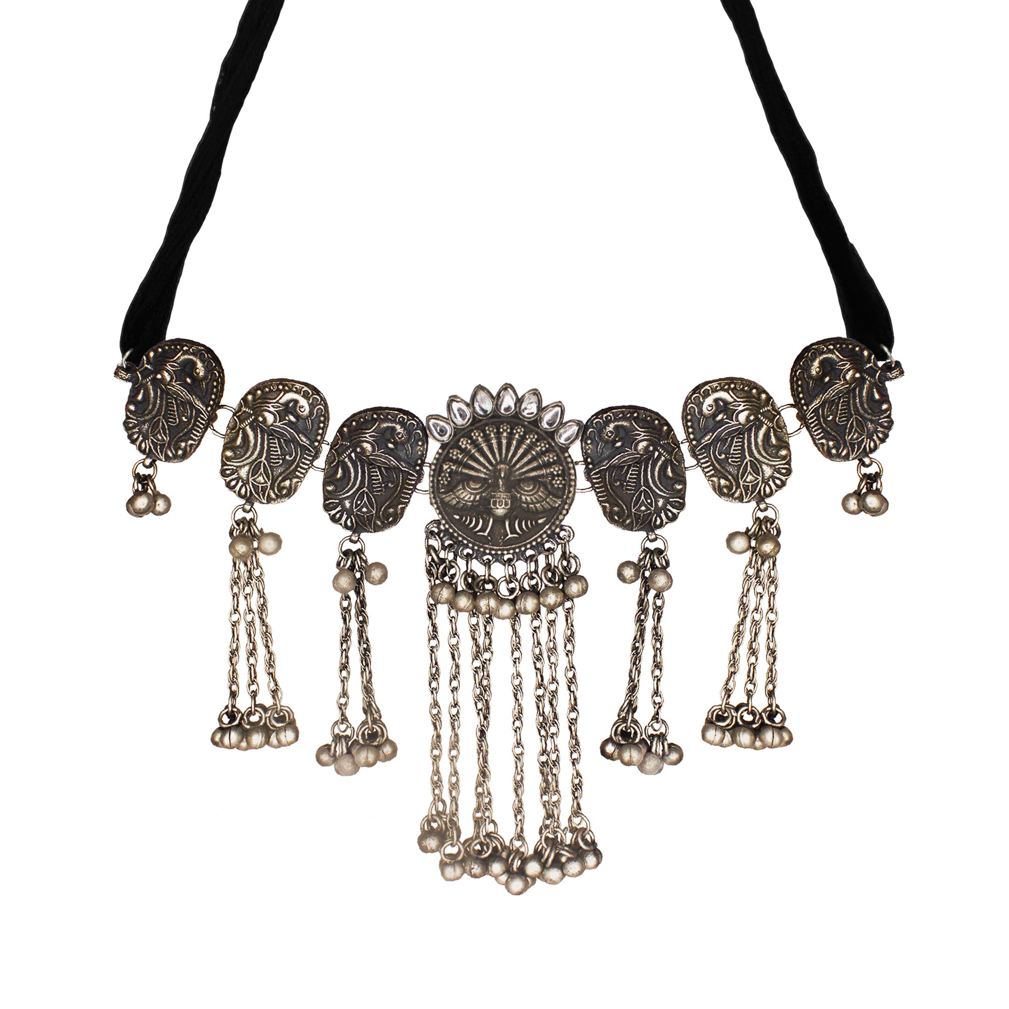 Abhinn Black Silver Oxidised Peacock Design and White CZ Stone Necklace Set For Women