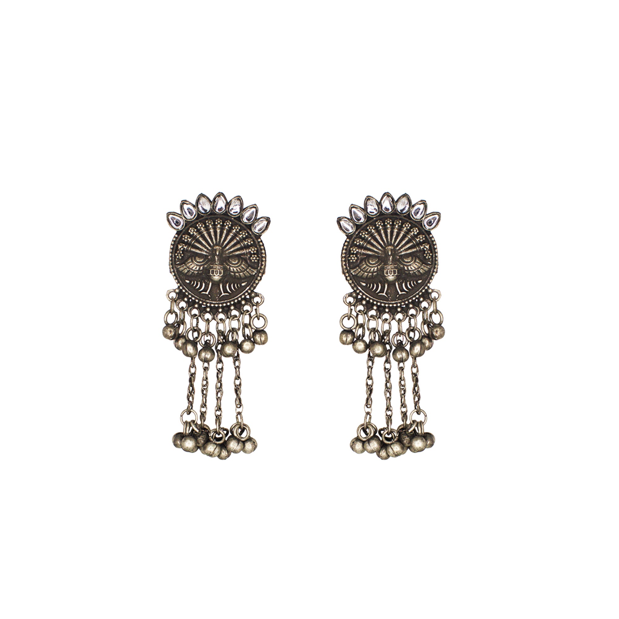 Abhinn Black Silver Oxidised Peacock Design and White CZ Stone Necklace Set For Women