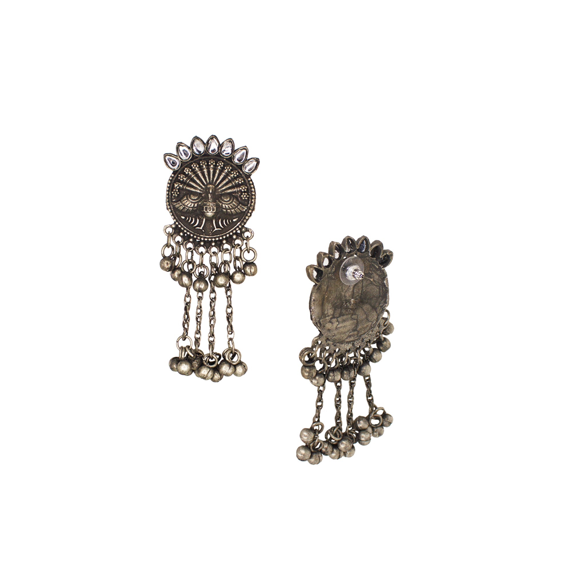 Abhinn Black Silver Oxidised Peacock Design and White CZ Stone Necklace Set For Women