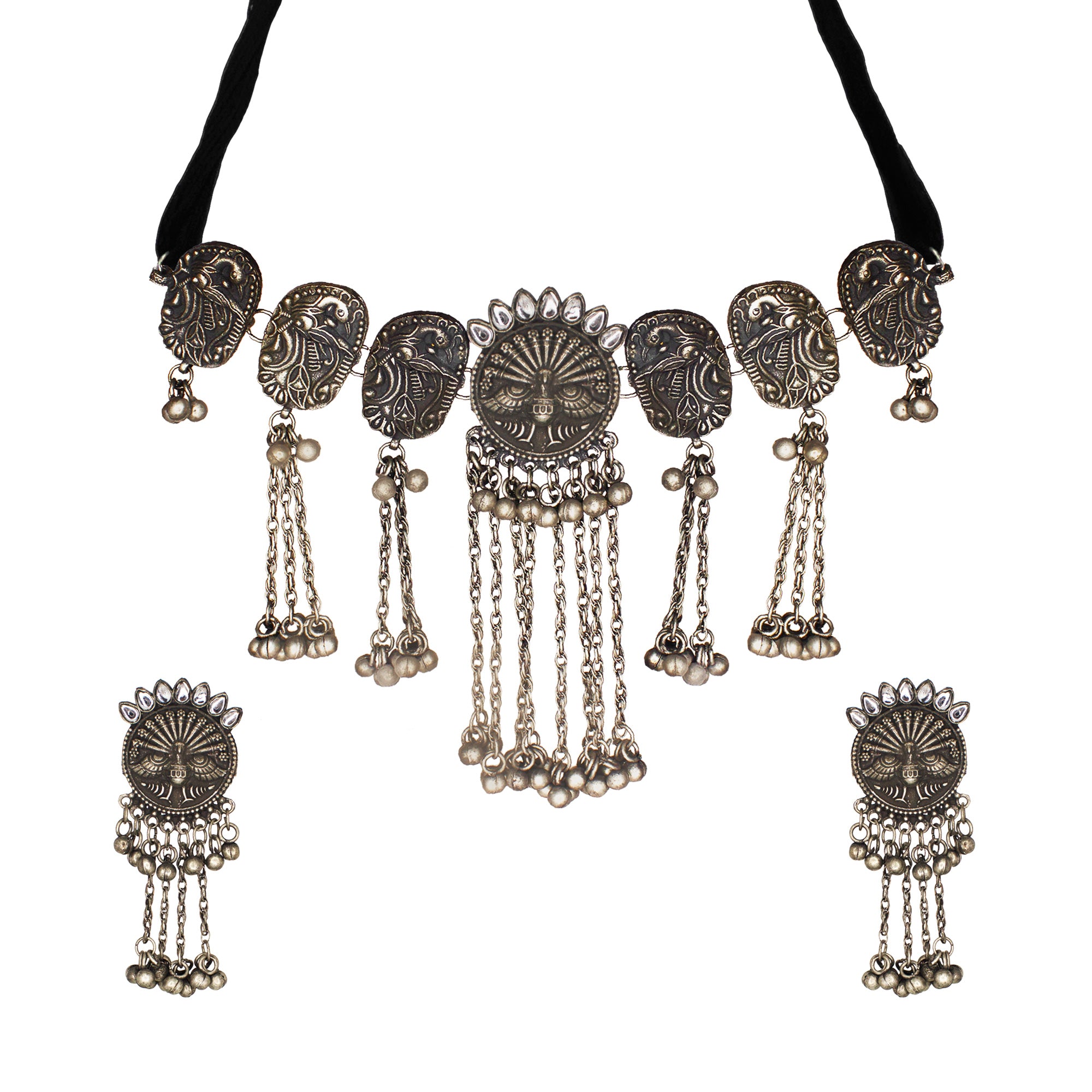 Abhinn Black Silver Oxidised Peacock Design and White CZ Stone Necklace Set For Women