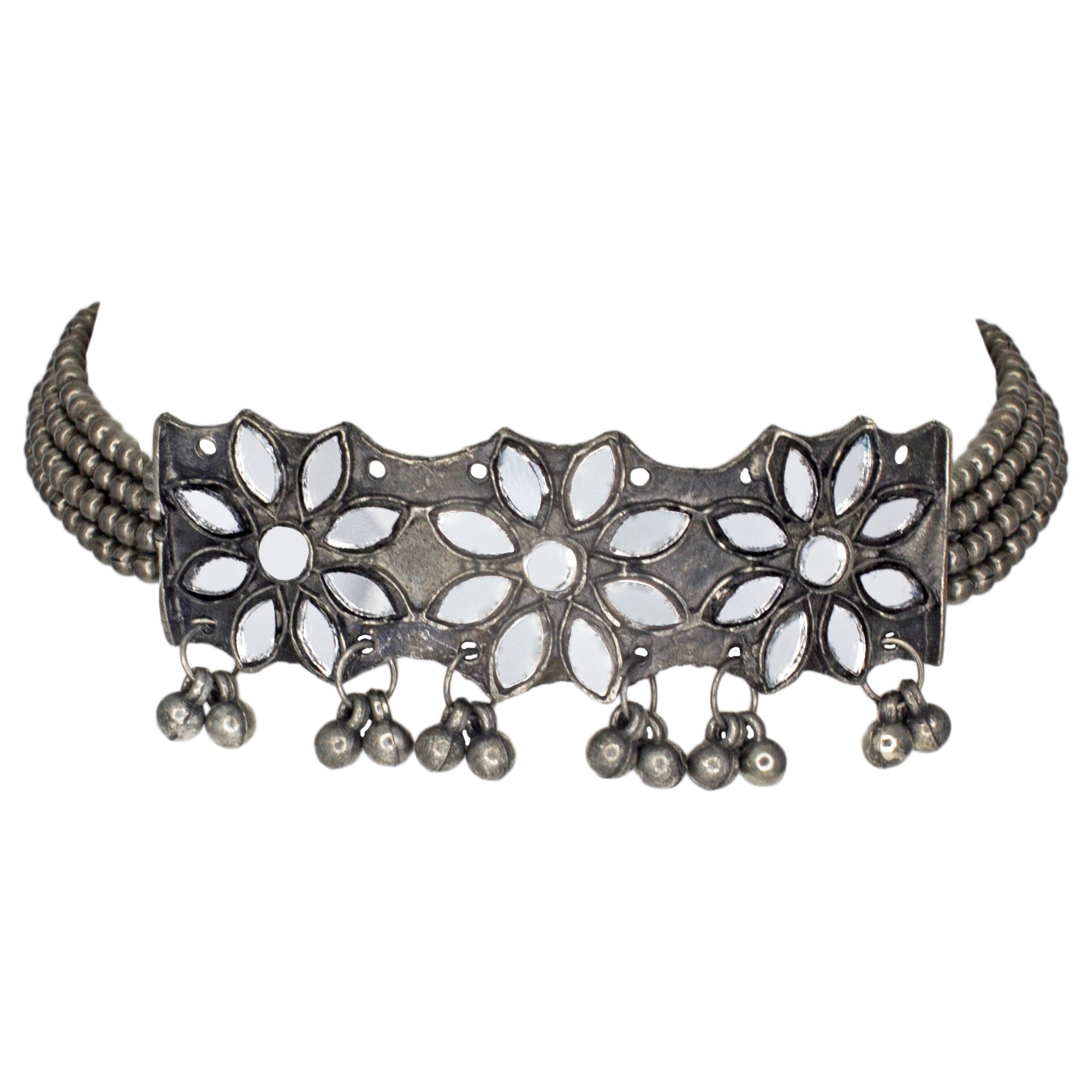Abhinn Silver Oxidised Floral Design Mirror Choker Set For Women