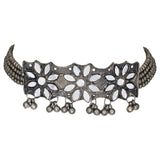 Abhinn Silver Oxidised Floral Design Mirror Choker Set For Women
