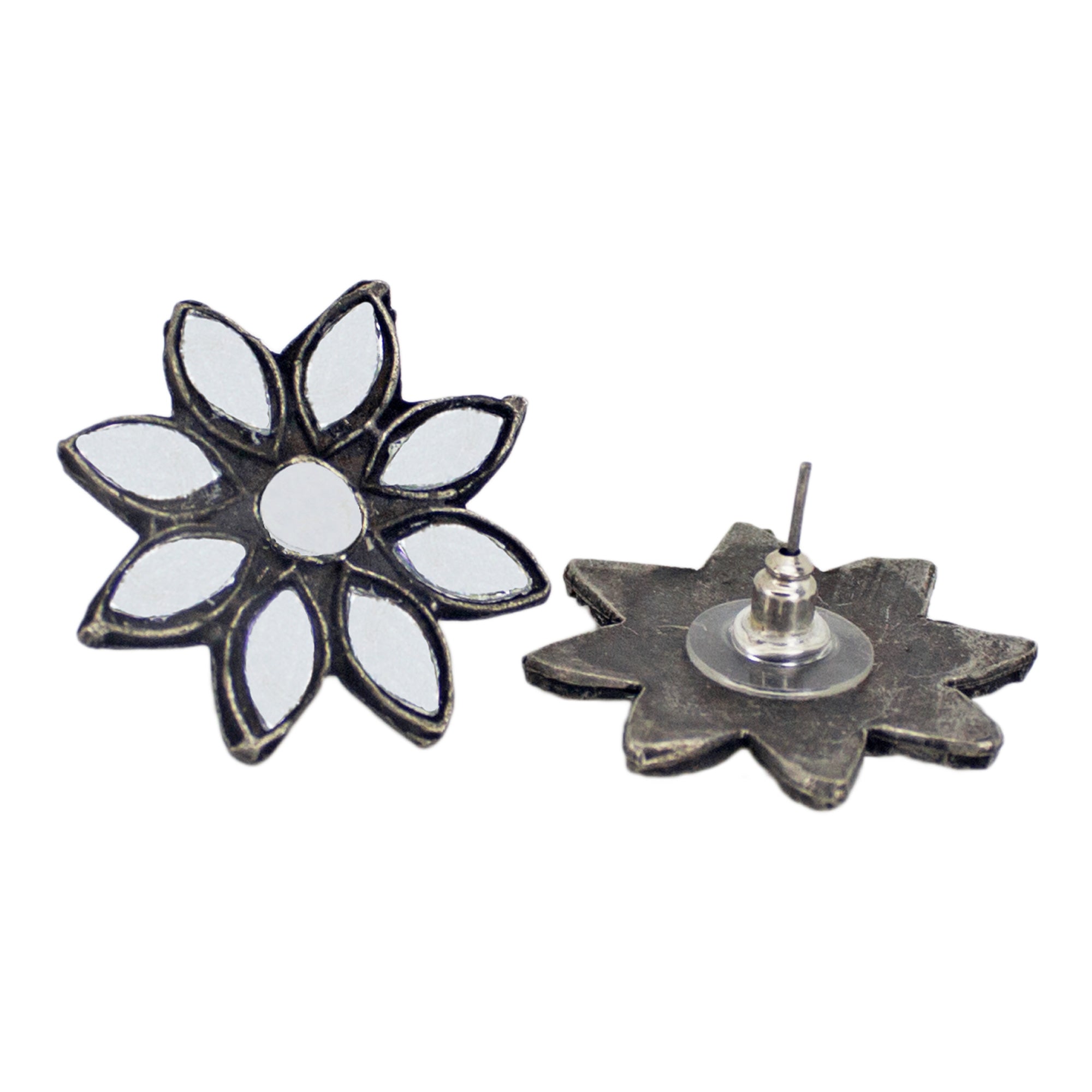 Abhinn Silver Oxidised Floral Design Mirror Choker Set For Women
