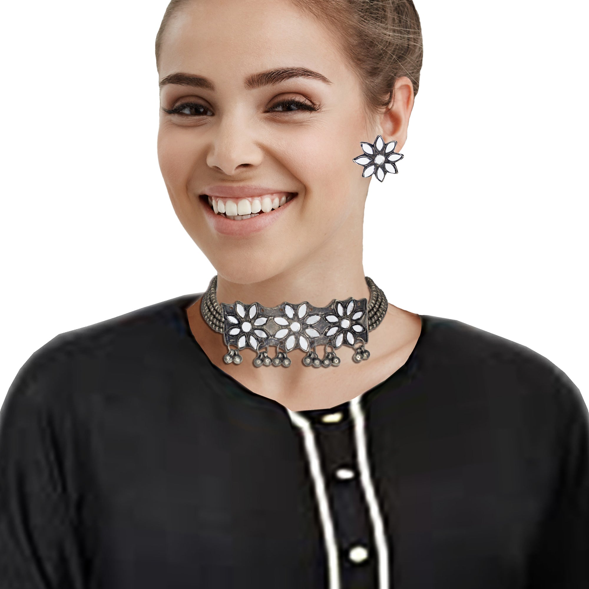 Abhinn Silver Oxidised Floral Design Mirror Choker Set For Women