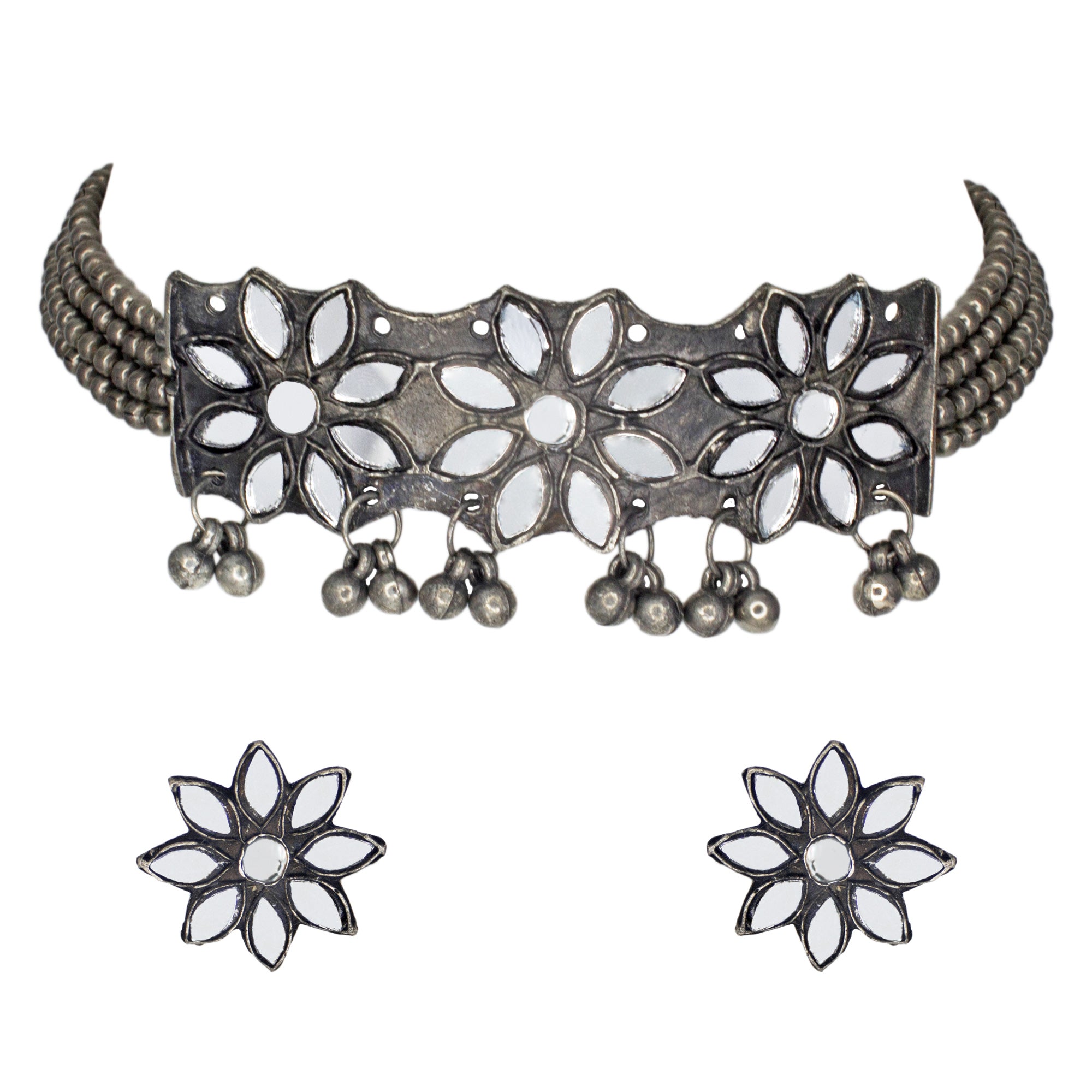 Abhinn Silver Oxidised Floral Design Mirror Choker Set For Women