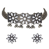 Abhinn Silver Oxidised Floral Design Mirror Choker Set For Women