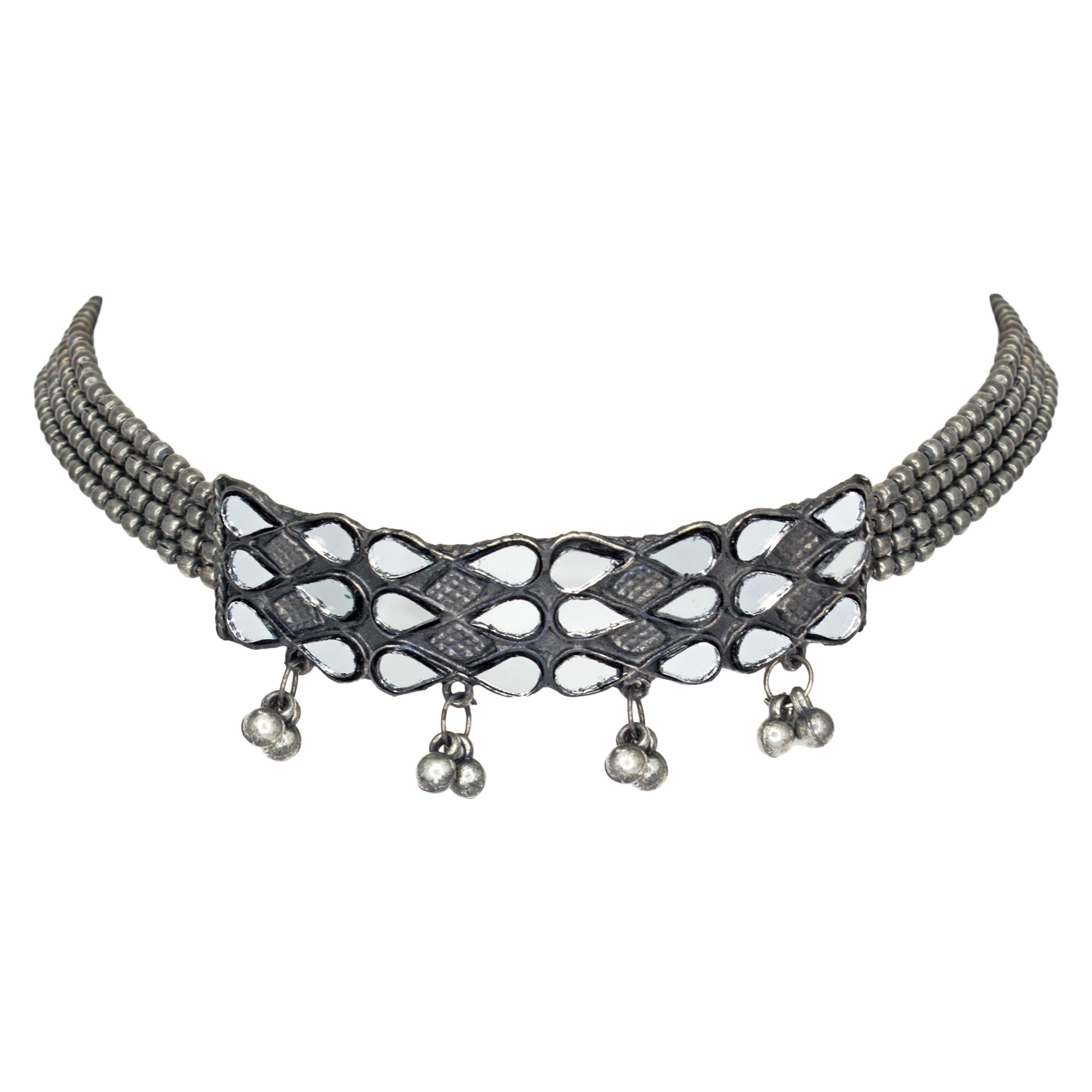 Abhinn Designer Silver Oxidised Floral Design Mirror Choker Set For Women