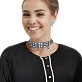 Abhinn Designer Silver Oxidised Floral Design Mirror Choker Set For Women