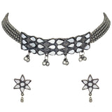 Abhinn Designer Silver Oxidised Floral Design Mirror Choker Set For Women