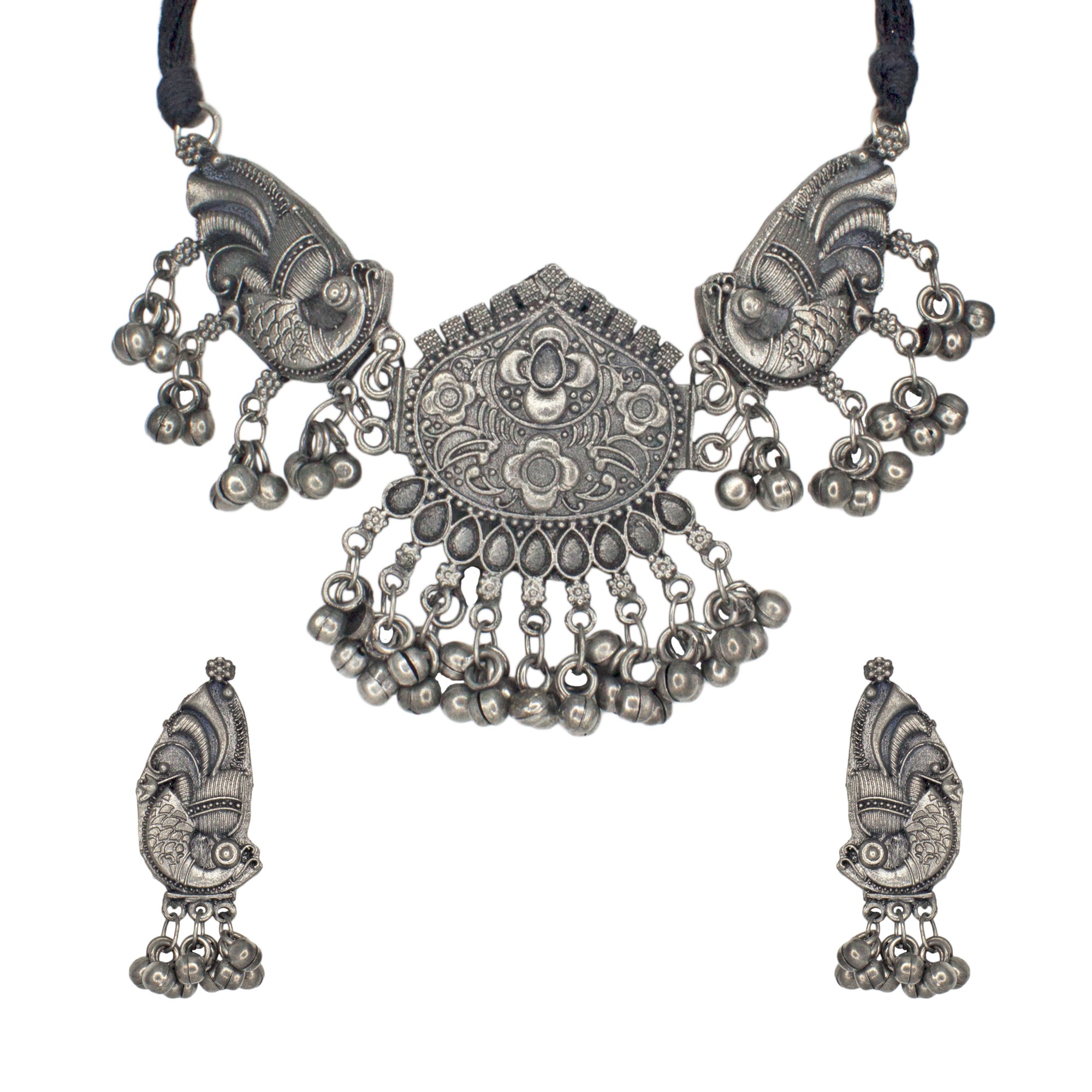 Abhinn Stylish Black Polished Floral And Peacock Design Mirror Choker Set For Women