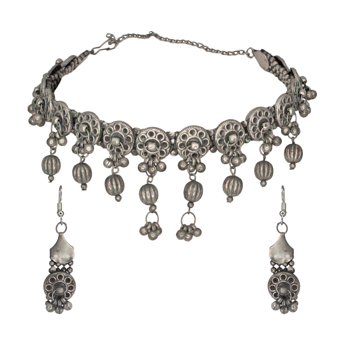 Abhinn Trendy Oxidised Antique Finish Floral Design With Hanging Beads Choker Set For Women
