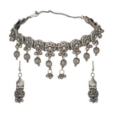 Abhinn Trendy Oxidised Antique Finish Floral Design With Hanging Beads Choker Set For Women
