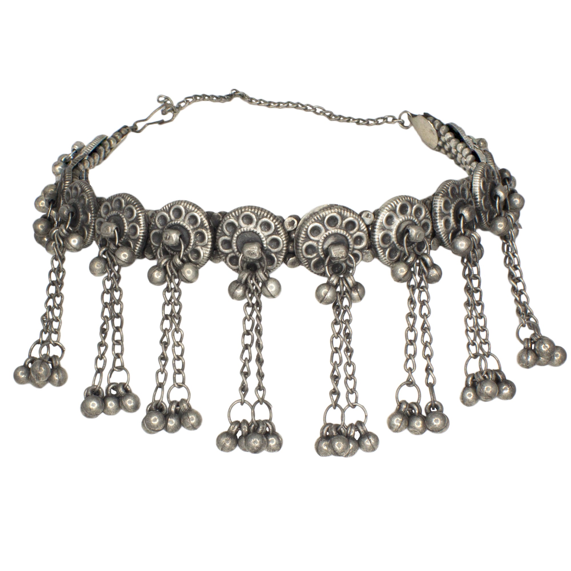 Abhinn Oxidised Silver Floral Design With Hanging Ghungroo Choker Set For Women