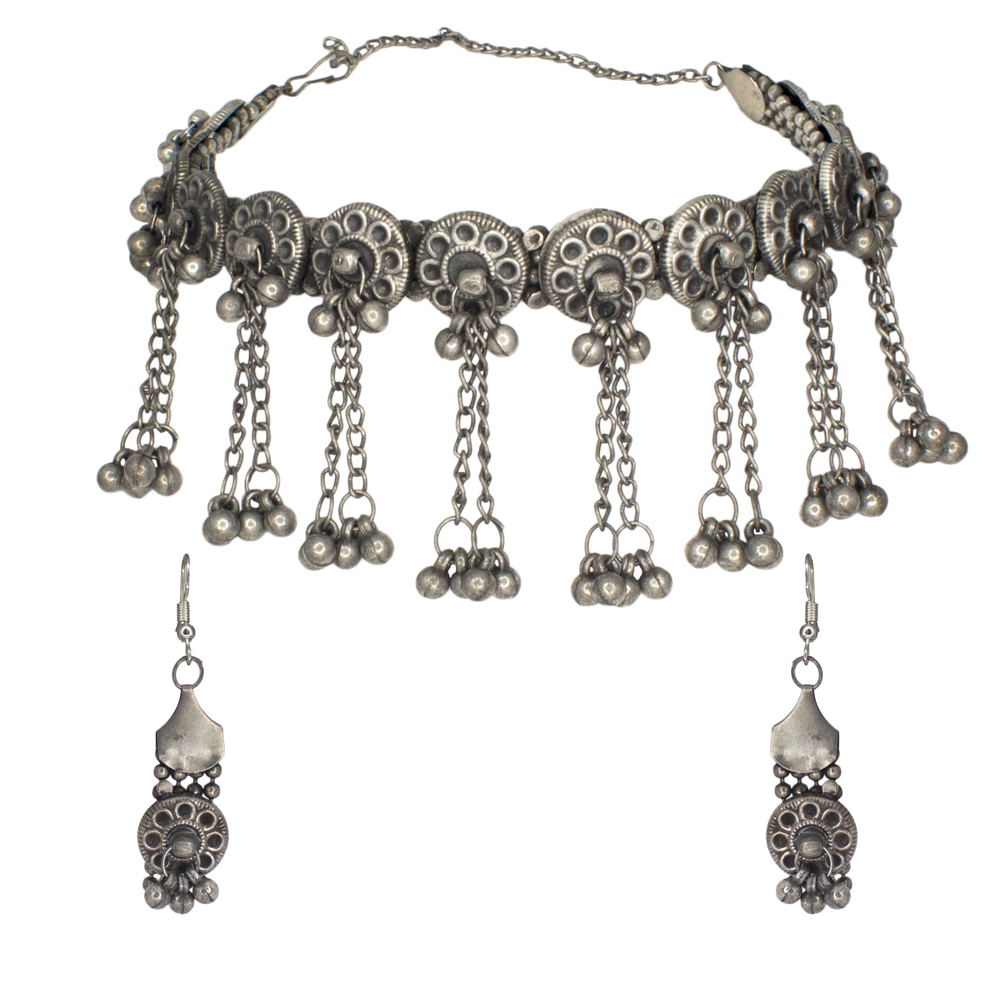 Abhinn Oxidised Silver Floral Design With Hanging Ghungroo Choker Set For Women