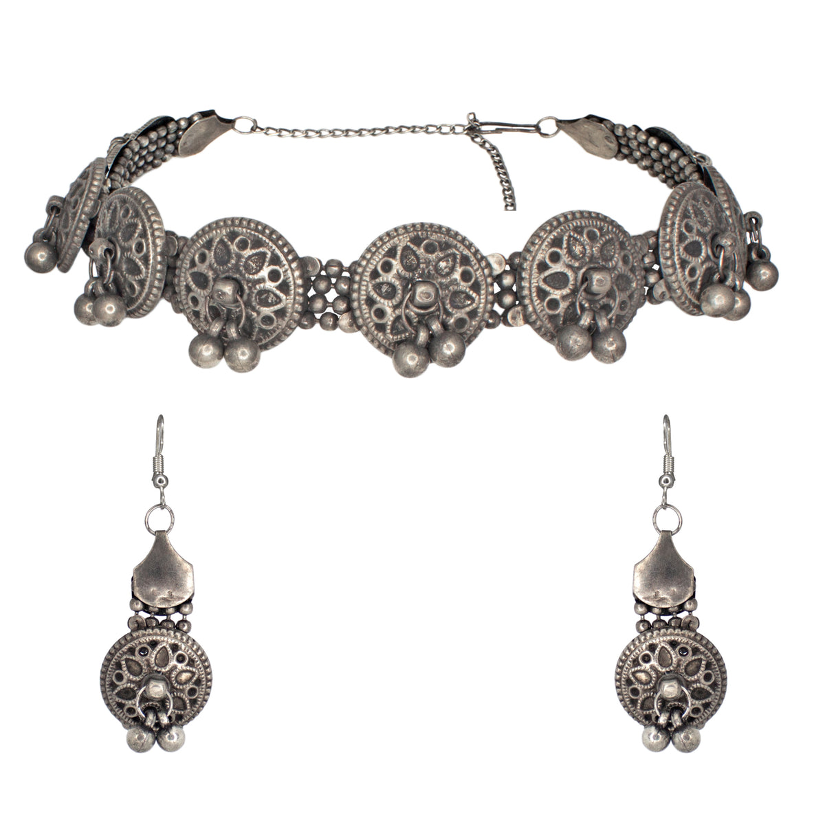 Abhinn Designer Oxidised Floral Design Ghungroo Choker Set For Women
