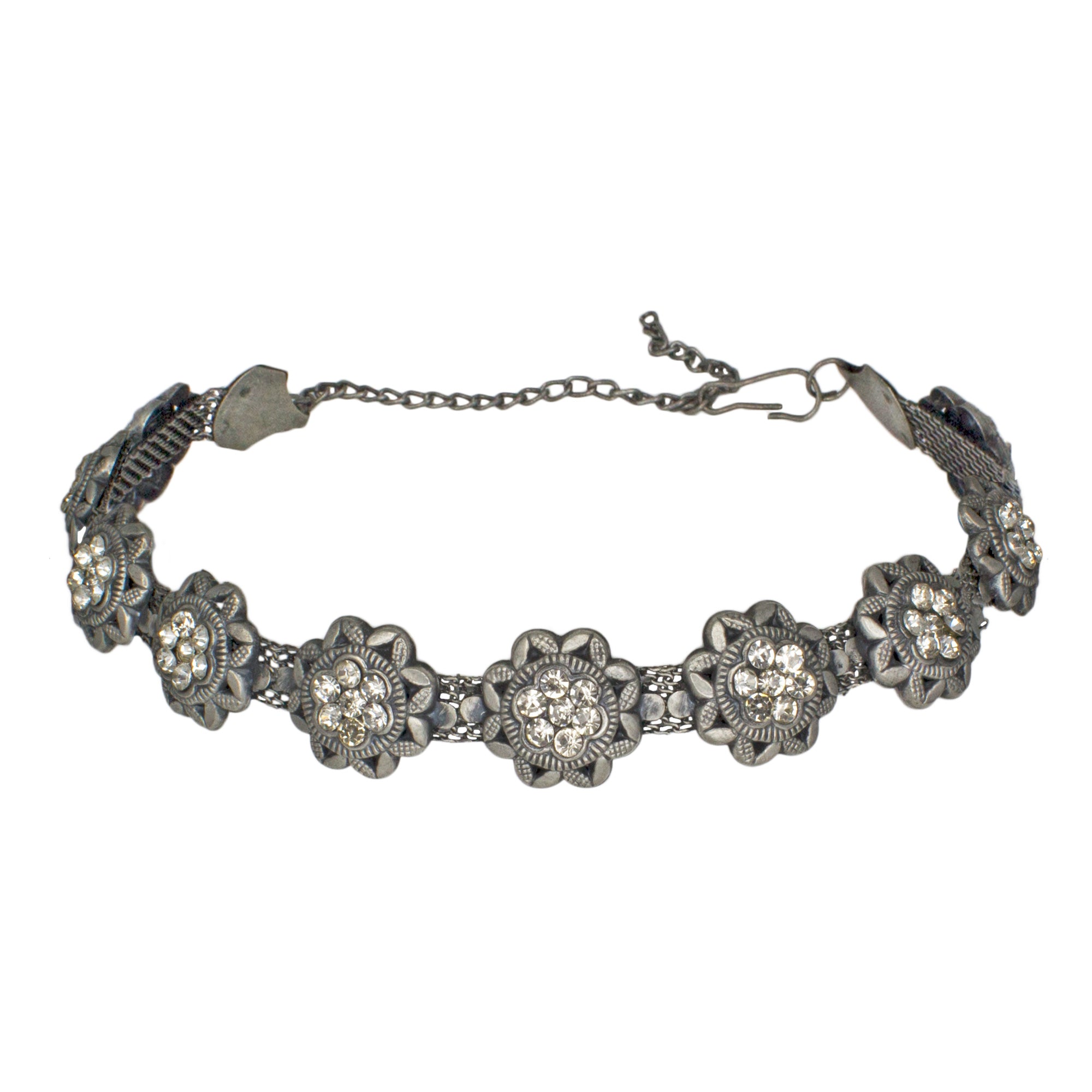 Abhinn Oxidised Silver Floral Design With White CZ Stone Choker Set For Women