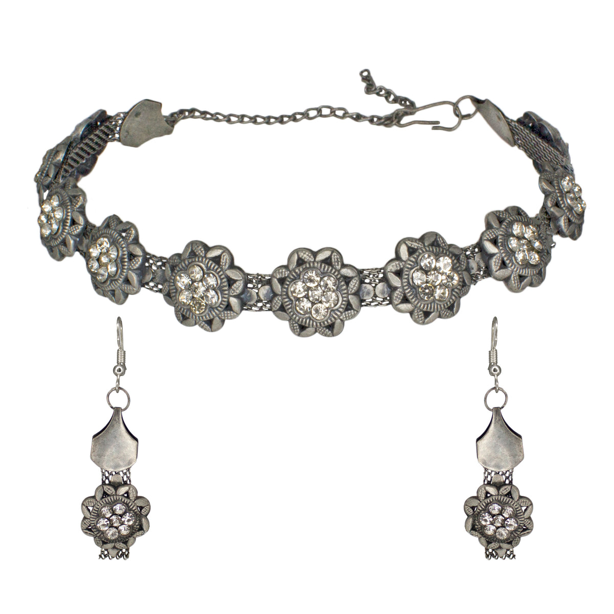 Abhinn Oxidised Silver Floral Design With White CZ Stone Choker Set For Women