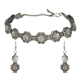 Abhinn Oxidised Silver Floral Design With White CZ Stone Choker Set For Women