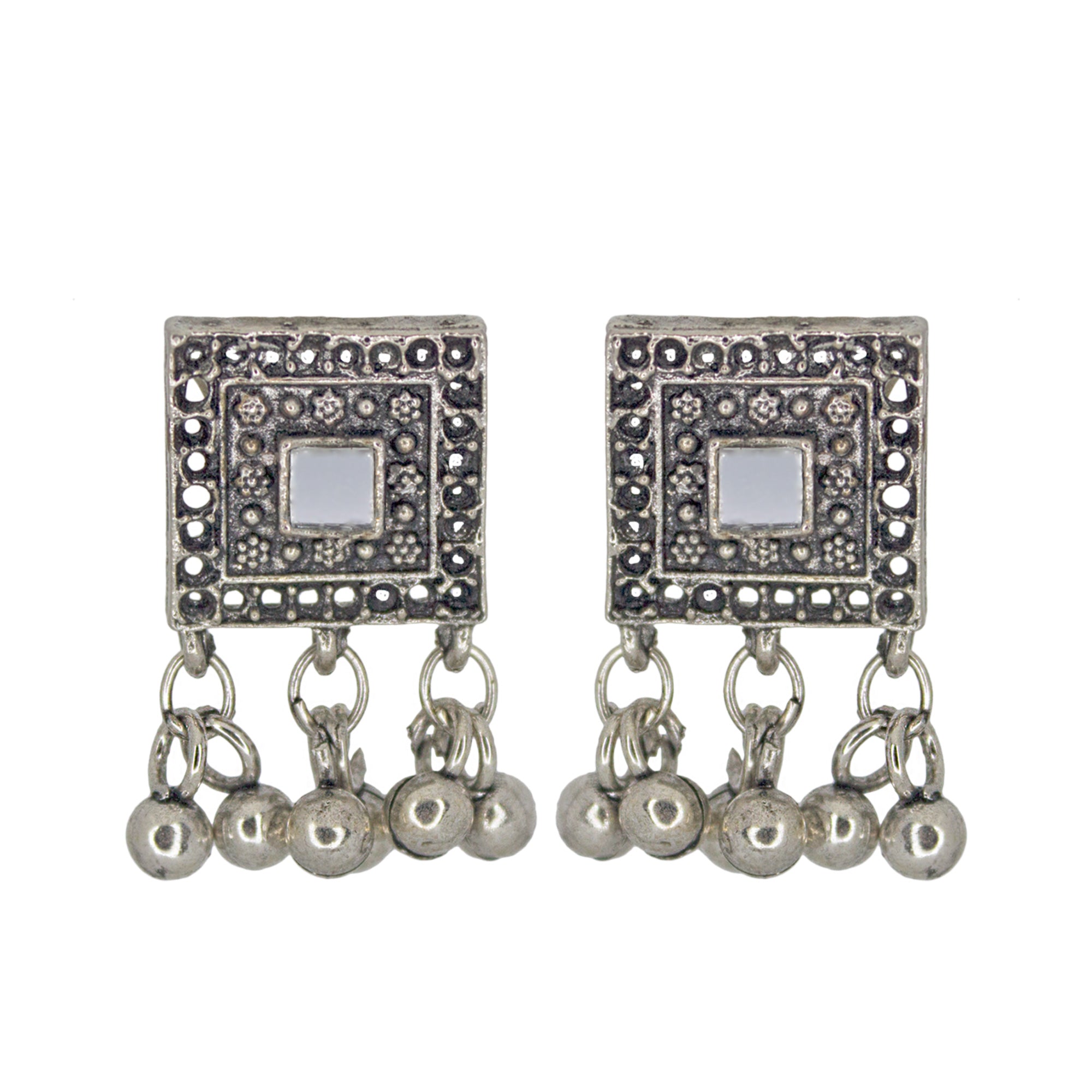 Abhinn Stylish Oxidised Silver Floral Design Mirror Choker Set For Women