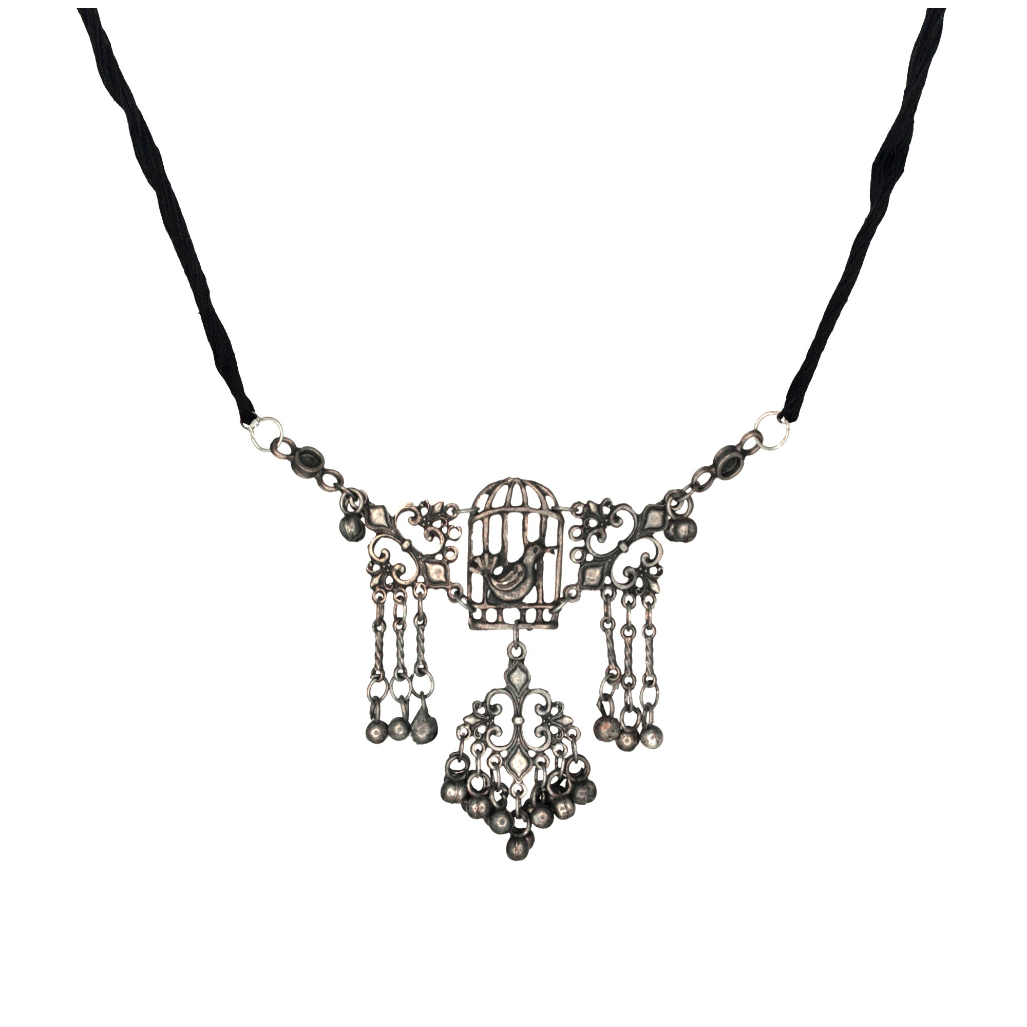 Abhinn Silver Oxidised Pigeon Cage Design Necklace Set For Women