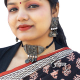 Abhinn Silver Oxidised Temple Design Necklace Set With White CZ Stones For Women