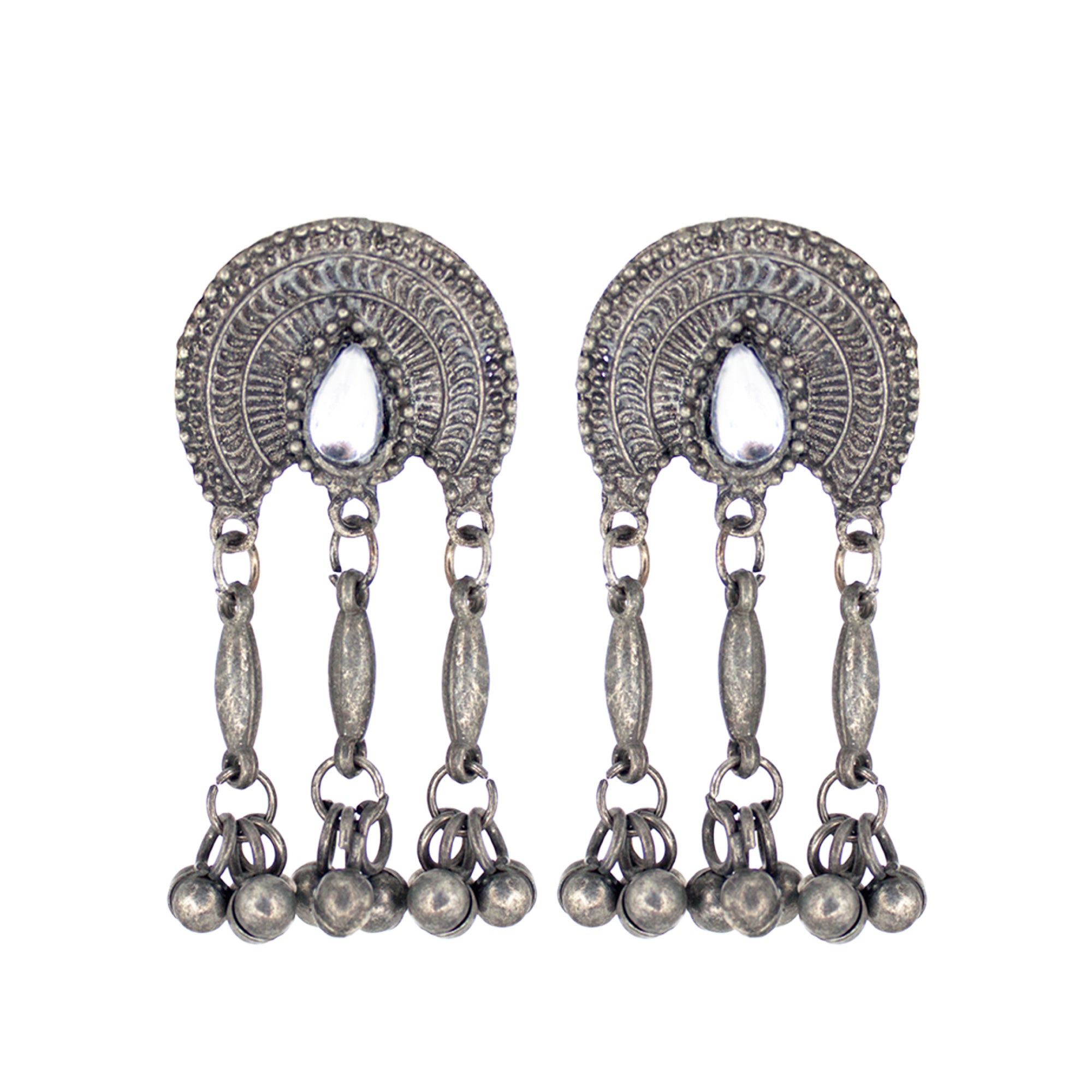 Abhinn Silver Oxidised Temple Design Necklace Set With White CZ Stone For Women