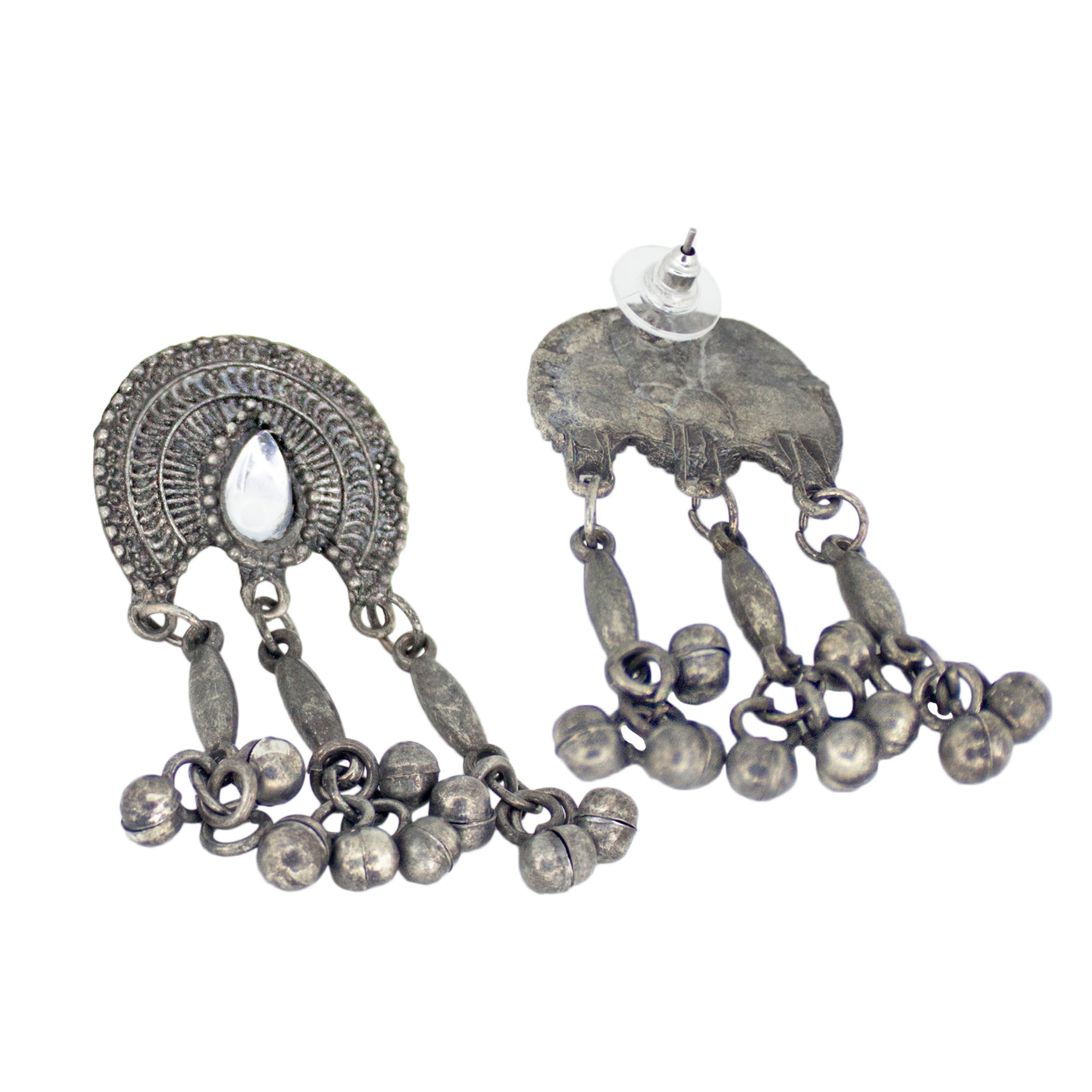 Abhinn Silver Oxidised Temple Design Necklace Set With White CZ Stone For Women