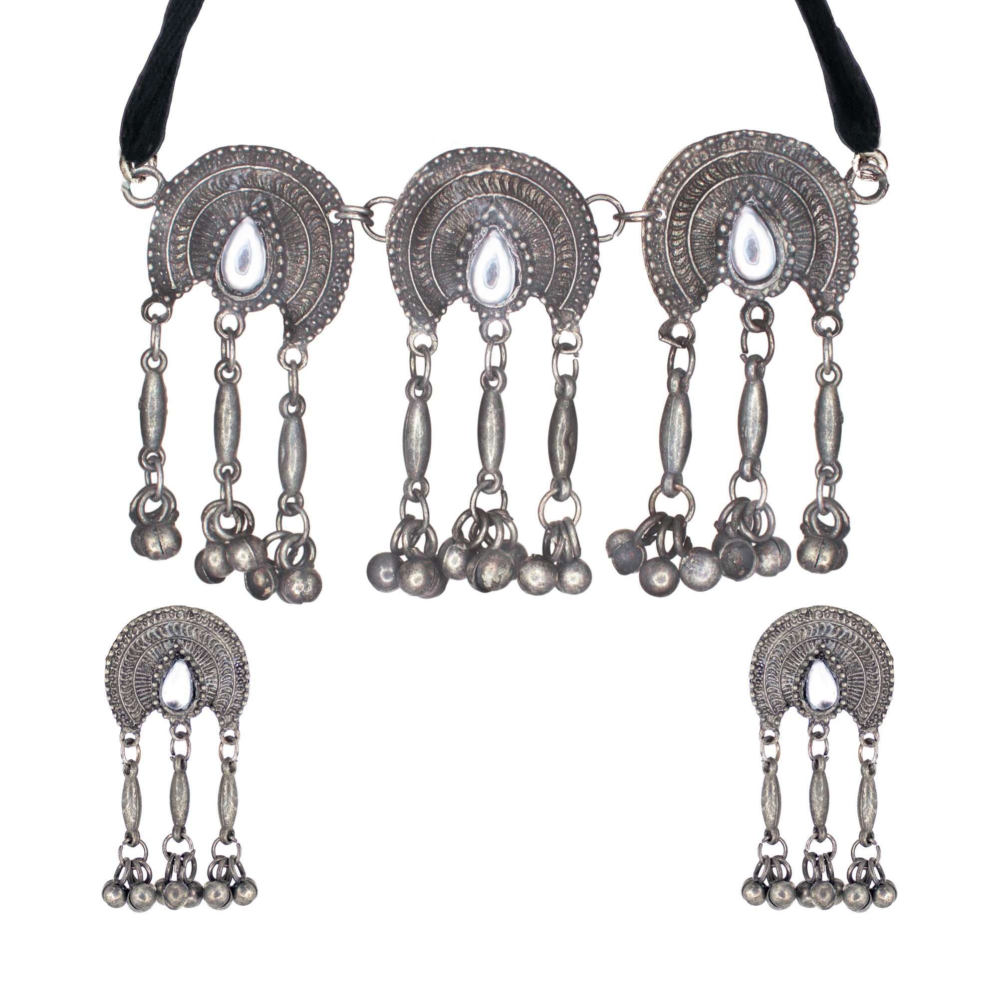 Abhinn Silver Oxidised Temple Design Necklace Set With White CZ Stone For Women